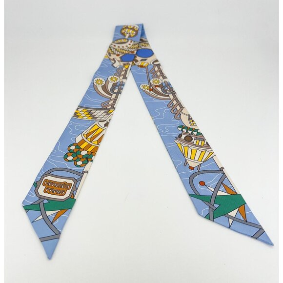 Rare Authentic Vintage HERMES Odyssey Beige Bleu Ciel&Jaune Vif 100% Silk Twilly - Picture 3 of 8